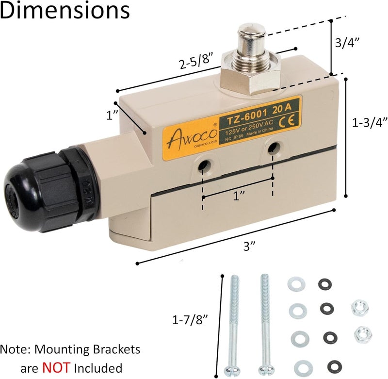 Awoco Heavy Duty Commercial Plunger Door Micro Switch for Air Curtains, 250V 20A IP 65 Limit Switch Type NO and Type NC (TZ-6001-20A) - Image 3